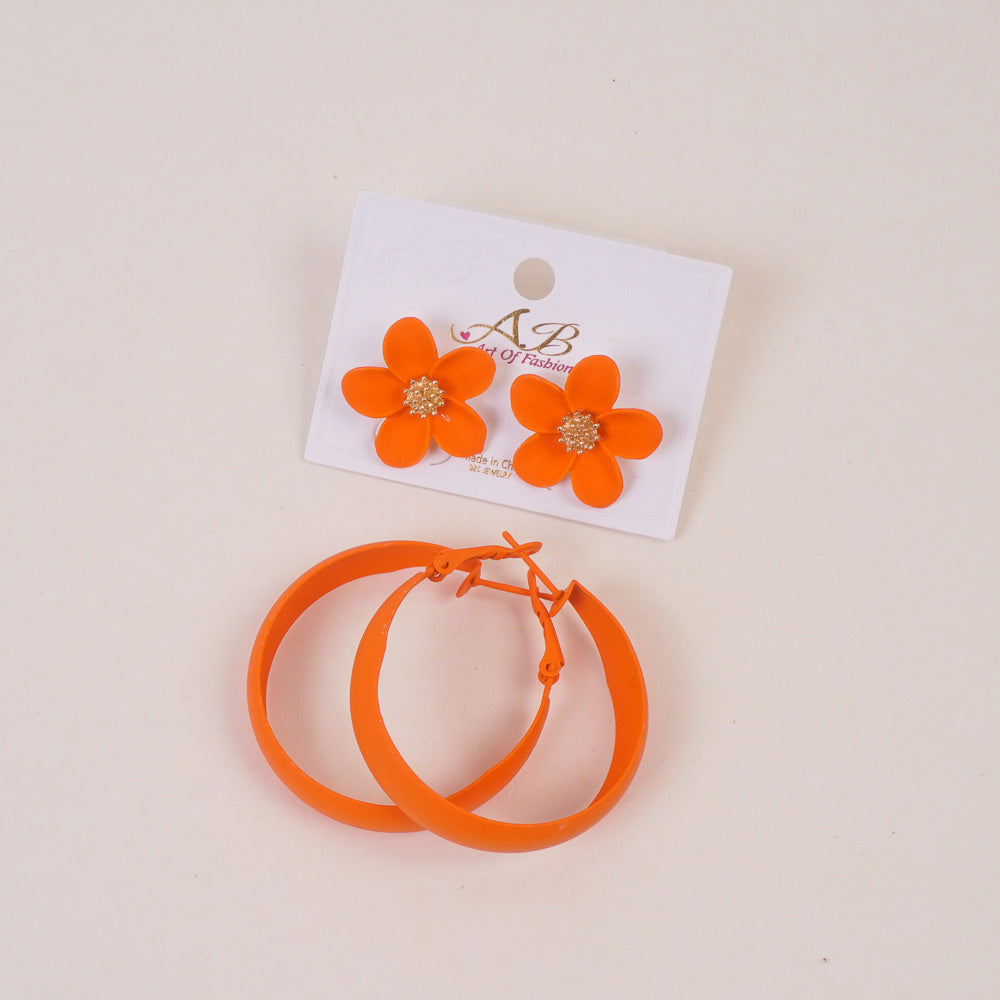 Woman's Casual Earring 4Pcs Set Flower Design Orange