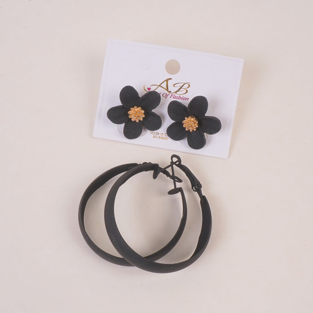 Woman's Casual Earring 4Pcs Set Flower Design Black