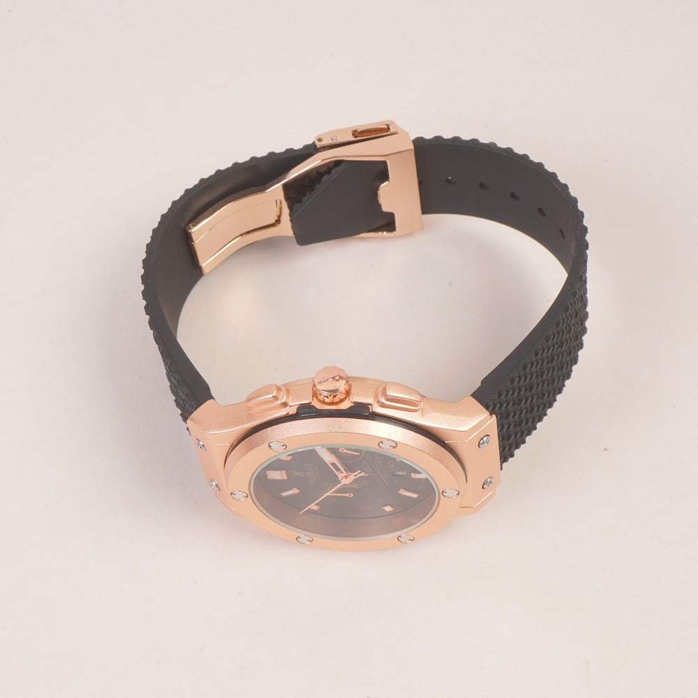 Black Strap Rosegold Dial Men's Wrist Watch HB