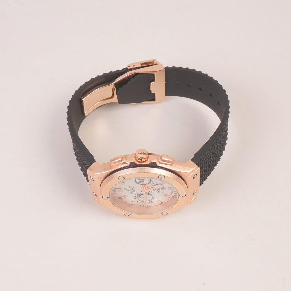 Black Strap Rosegold Dial Men's Wrist Watch HB White