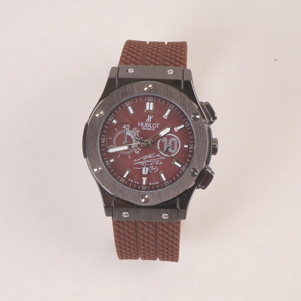 Brown Strap Metallic Dial Men's Wrist Watch HB