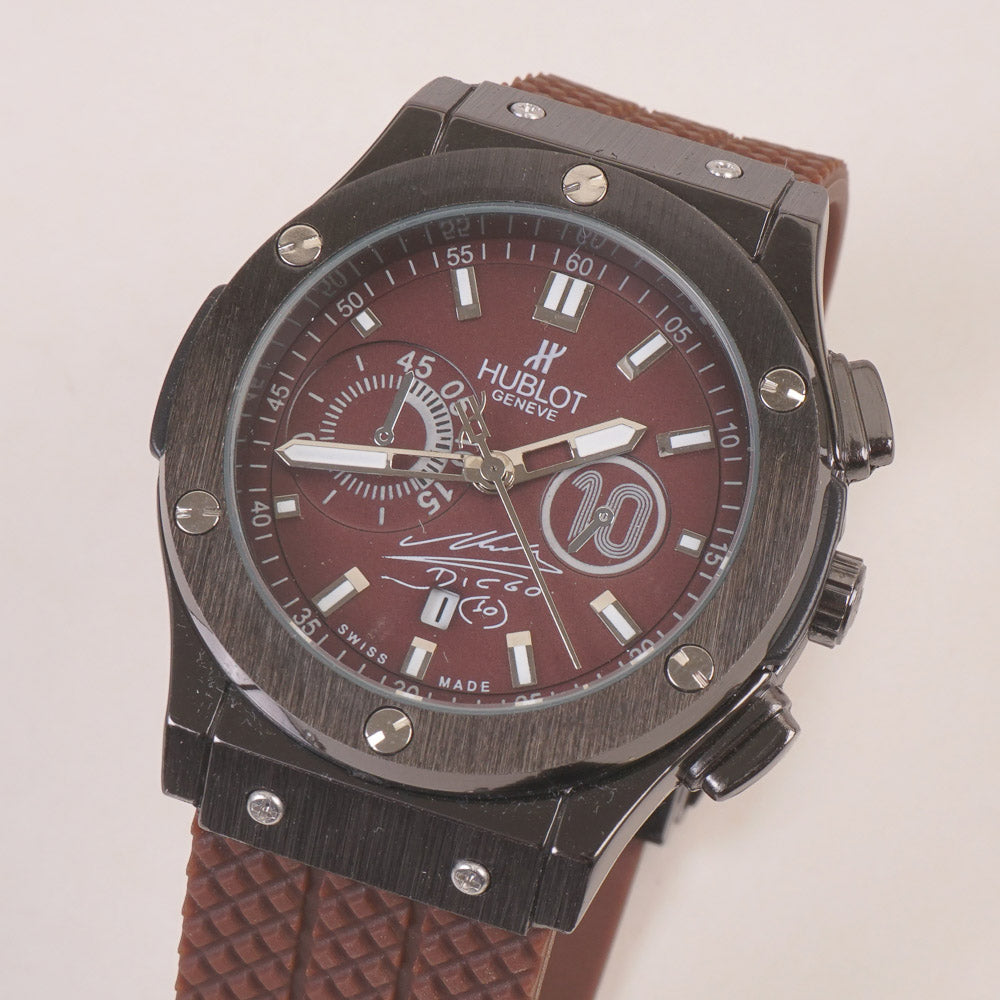 Brown Strap Metallic Dial Men's Wrist Watch HB