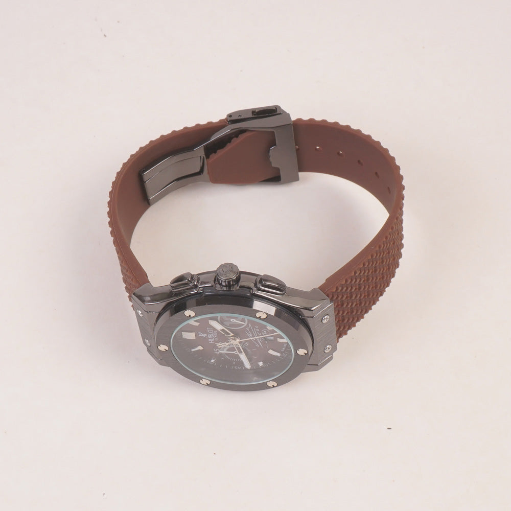 Brown Strap Metallic Dial Men's Wrist Watch HB