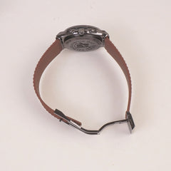 Brown Strap Metallic Dial Men's Wrist Watch HB