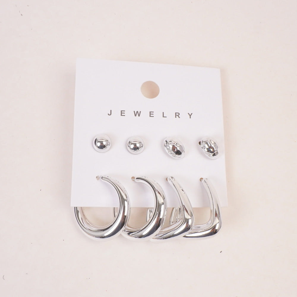 Woman's  Flower Design Earring 8pcs Set Silver