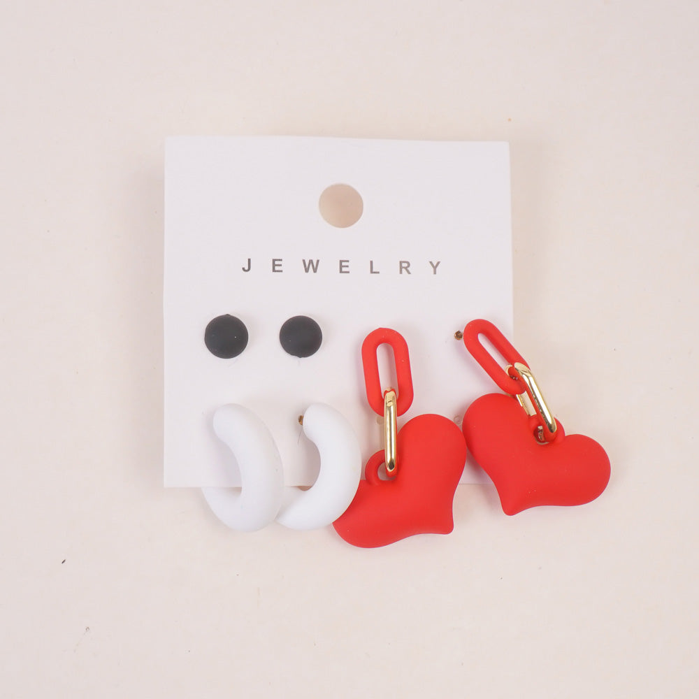 Woman's  Flower Design Earring Heart Shape 6pcs Set Red