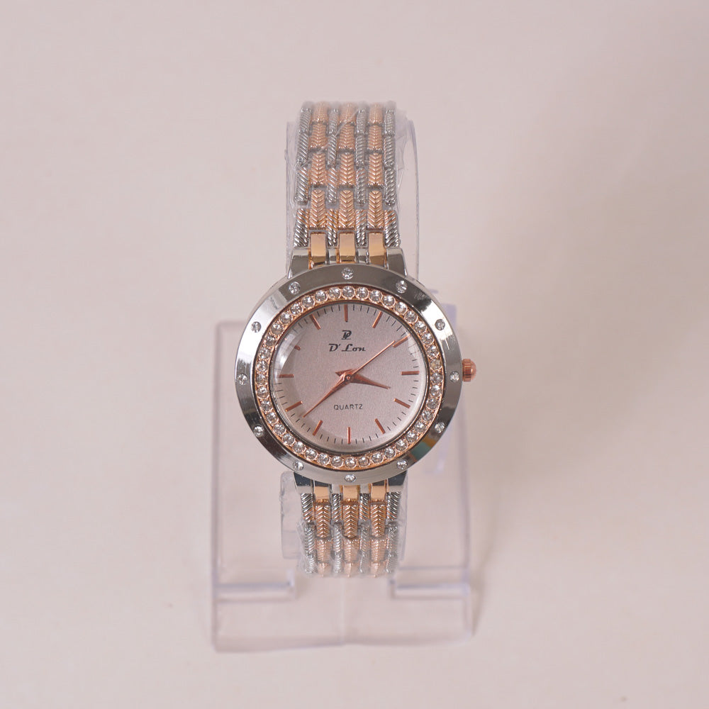 Two Tone Woman Chain Wrist Watch Silver Pink