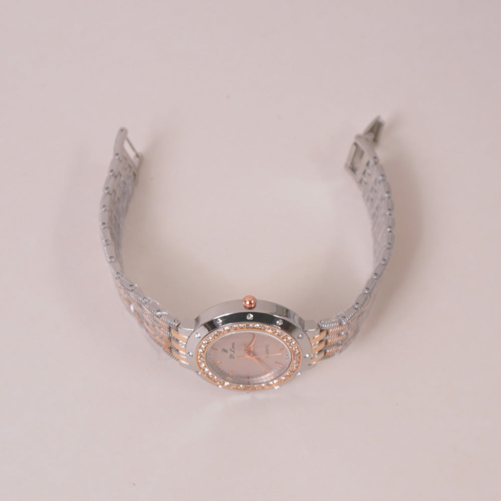 Two Tone Woman Chain Wrist Watch Silver Pink