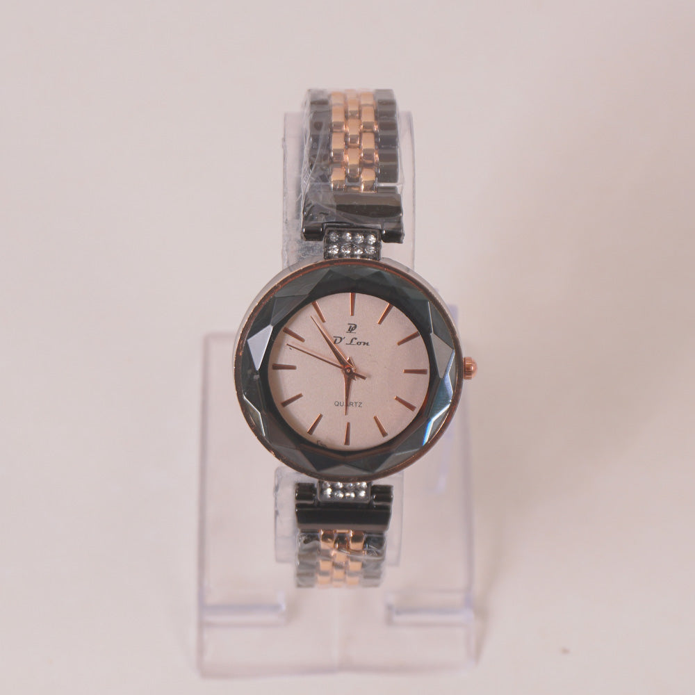 Two Tone Woman Chain Wrist Watch Black Rosegold