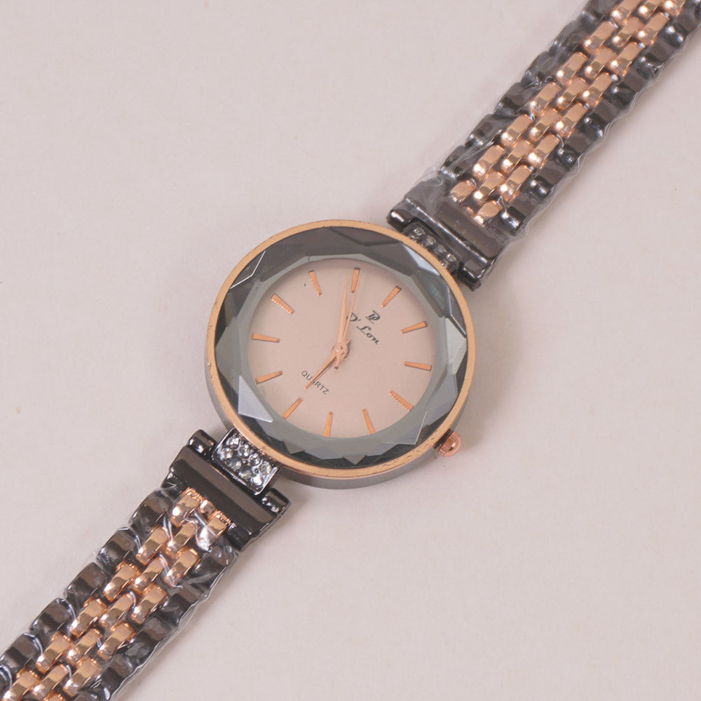 Two Tone Woman Chain Wrist Watch Black Rosegold