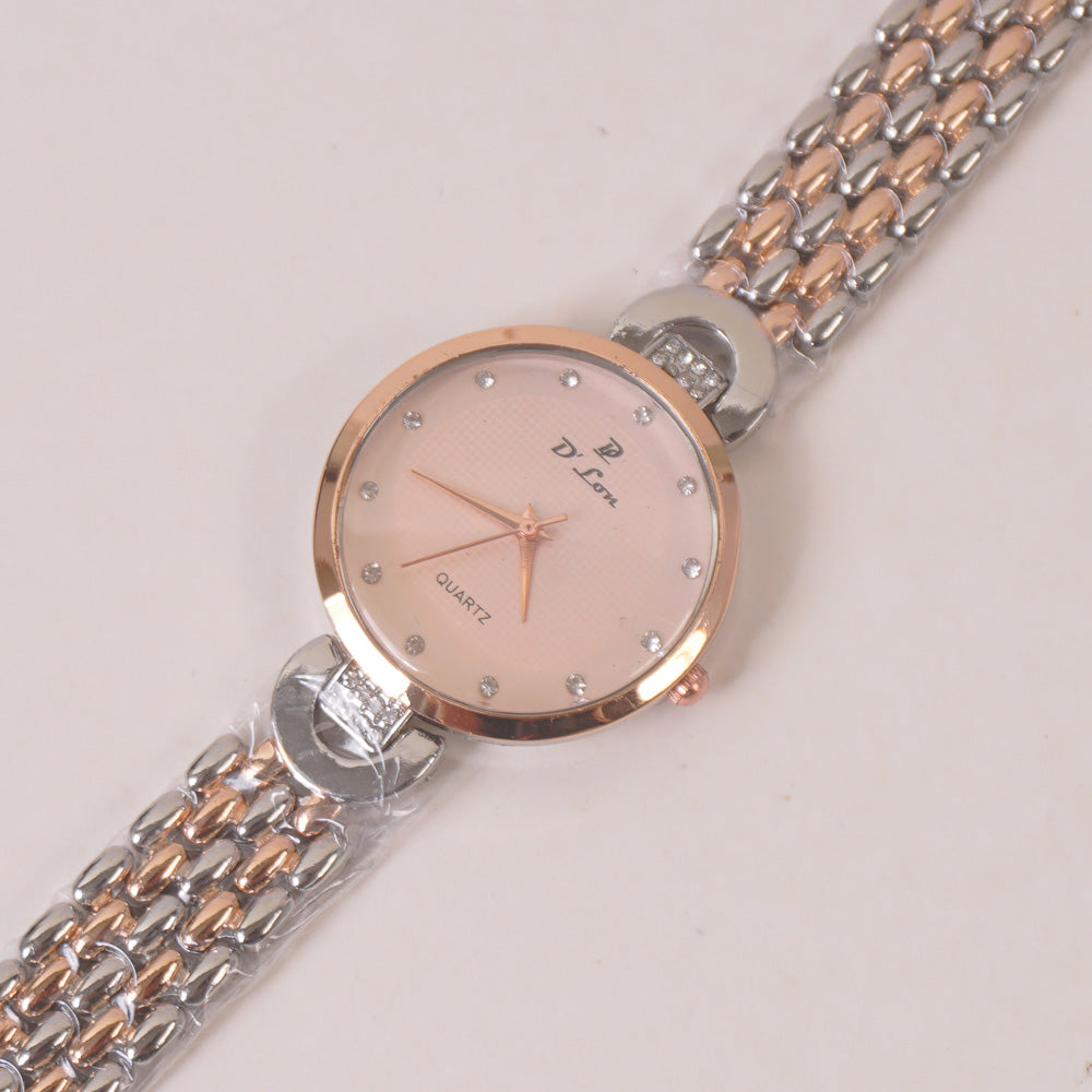 Two Tone Woman Chain Wrist Watch Rosegold Pink