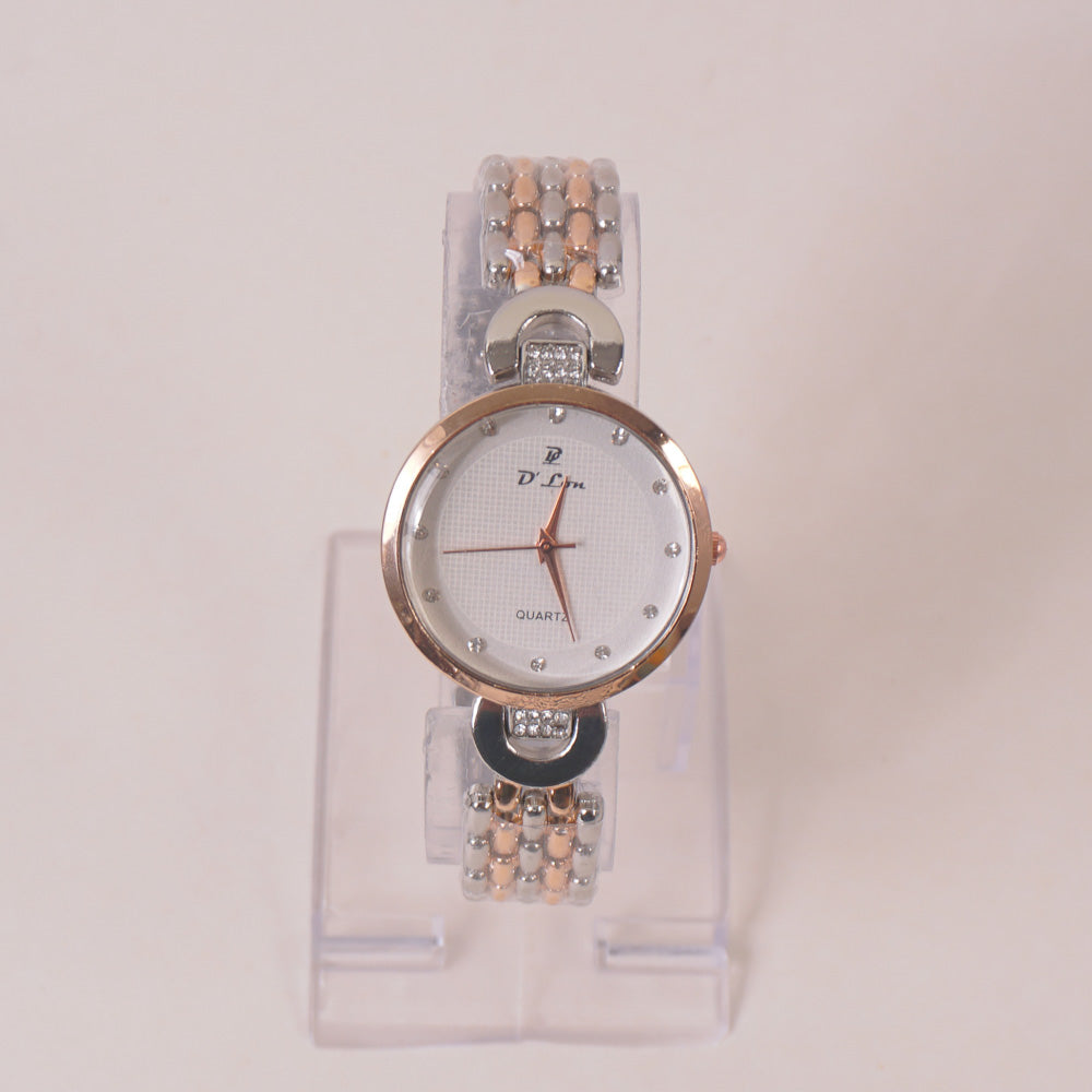 Two Tone Woman Chain Wrist Watch Rosegold White