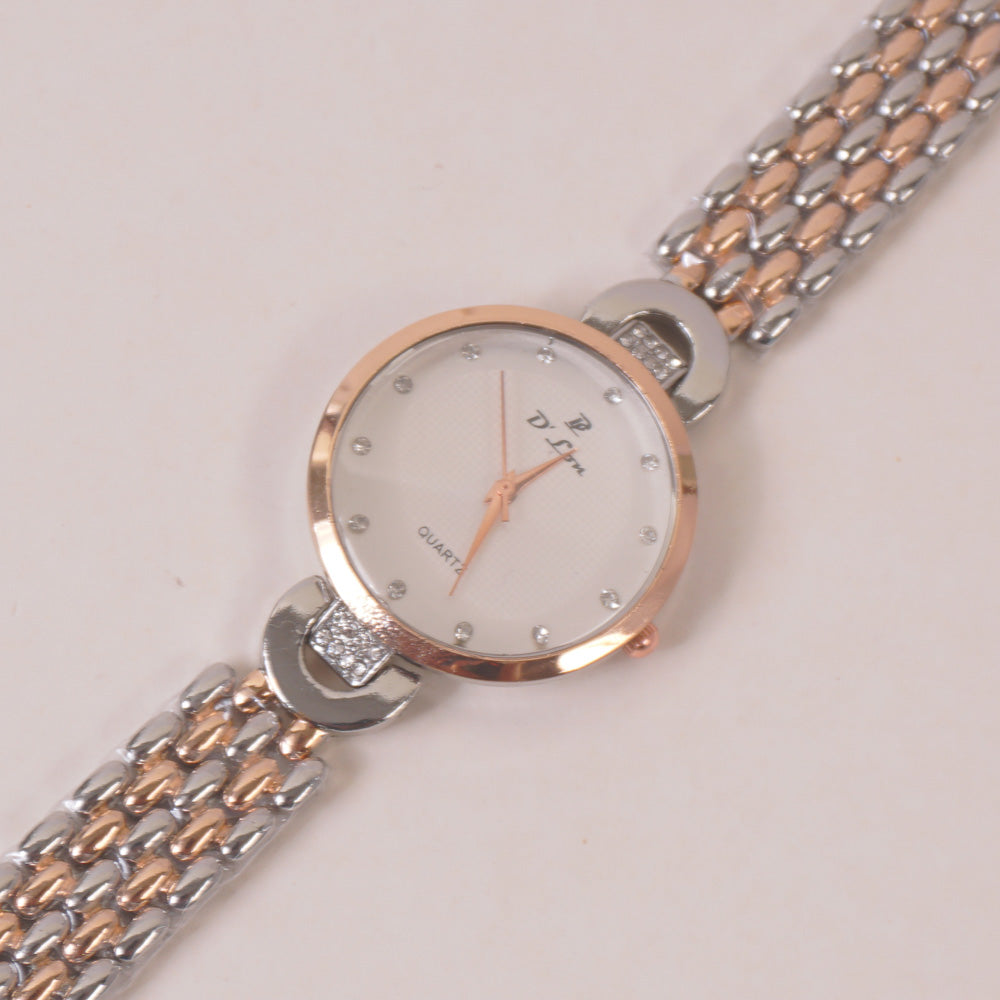 Two Tone Woman Chain Wrist Watch Rosegold White