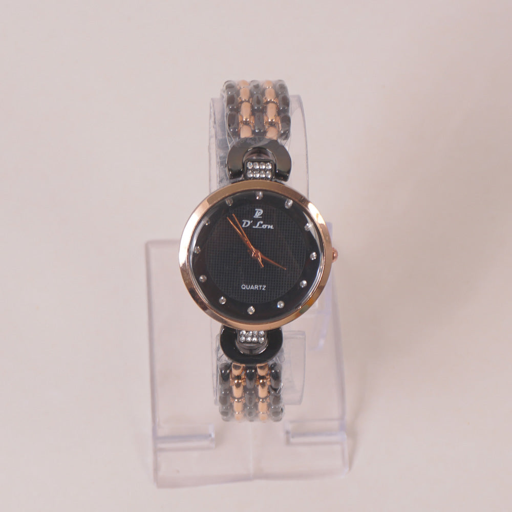 Two Tone Woman Chain Wrist Watch Black Rosegold