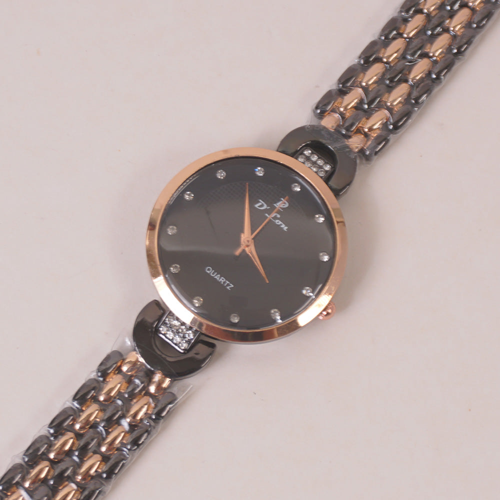 Two Tone Woman Chain Wrist Watch Black Rosegold