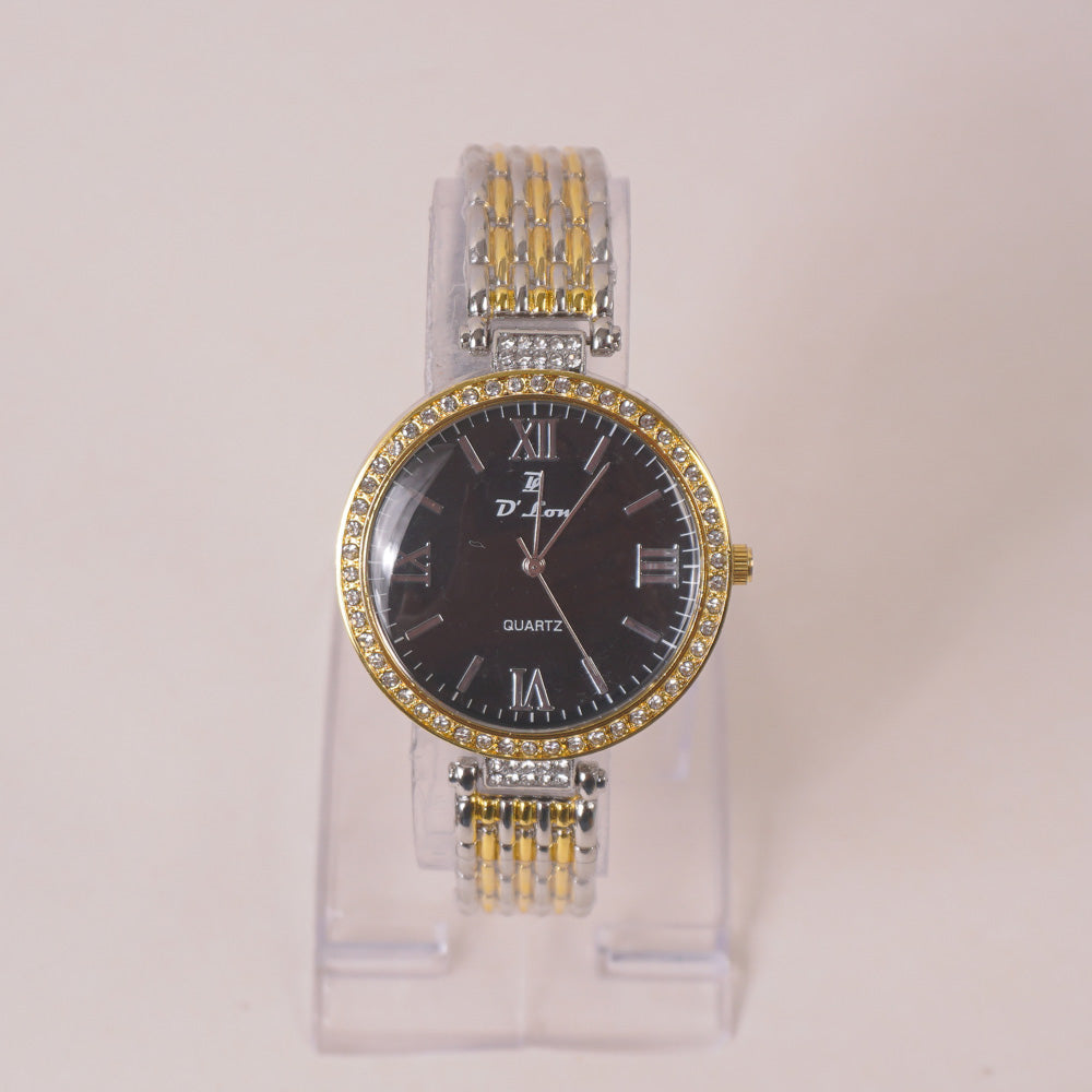 Two Tone Woman Chain Wrist Watch Silver Golden Blk