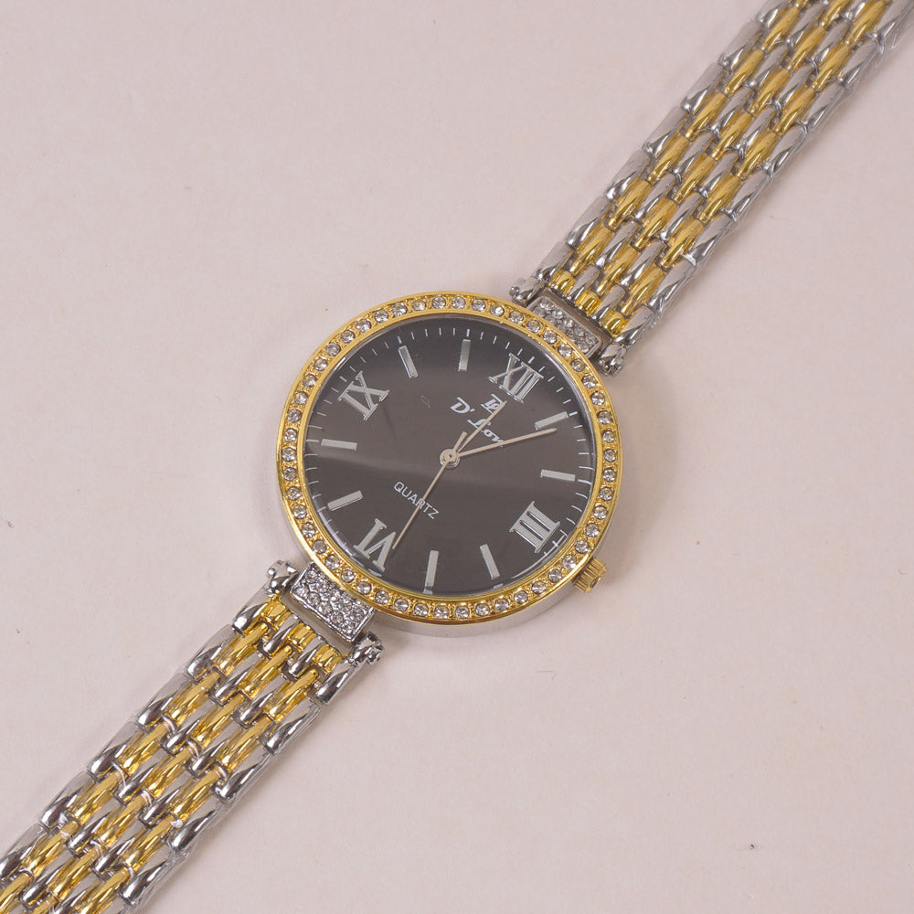 Two Tone Woman Chain Wrist Watch Silver Golden Blk