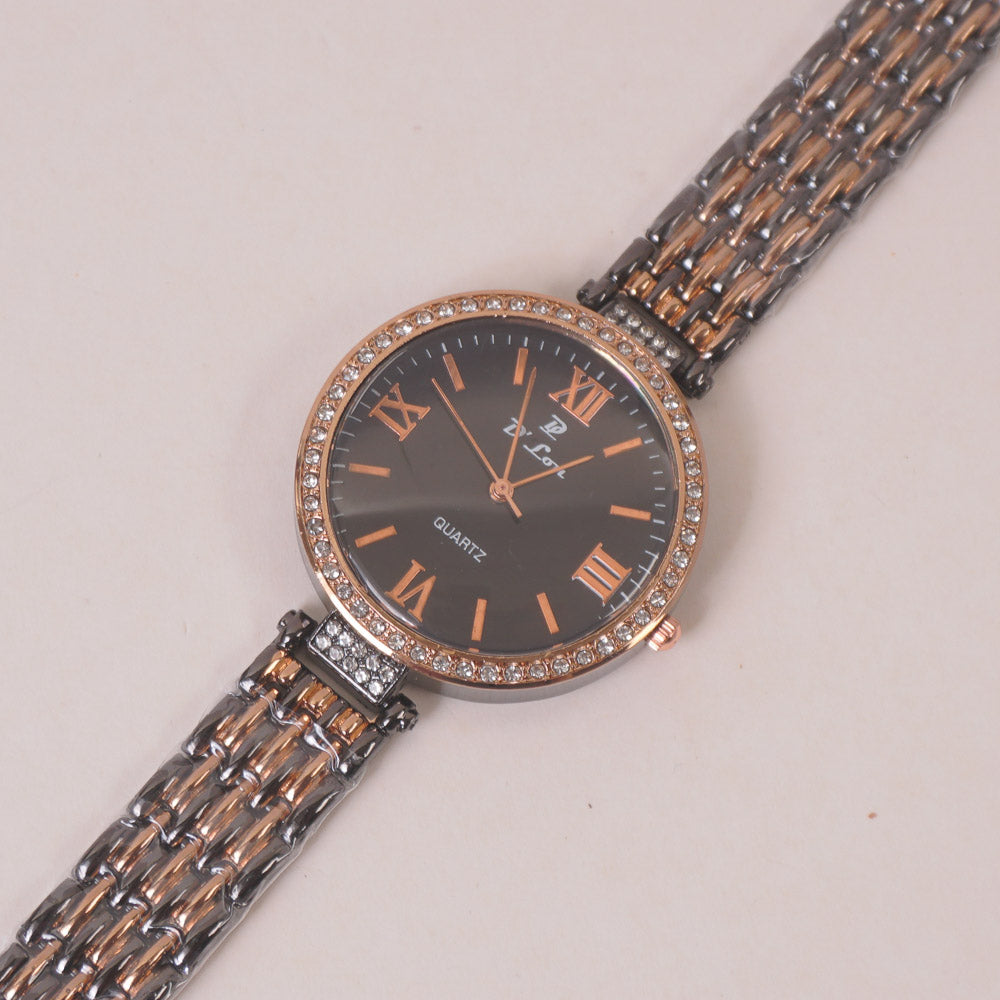 Two Tone Woman Chain Wrist Watch Black Rosegold