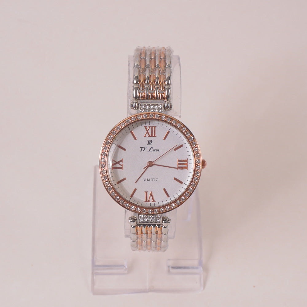 Two Tone Woman Chain Wrist Watch Silver Rosegold