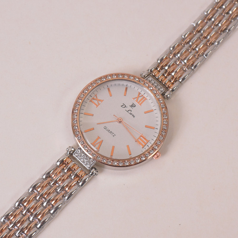 Two Tone Woman Chain Wrist Watch Silver Rosegold