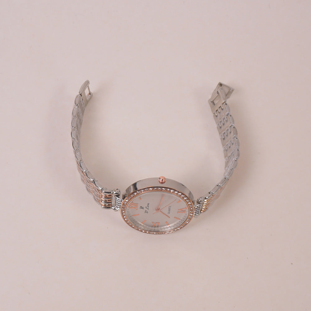 Two Tone Woman Chain Wrist Watch Silver Rosegold