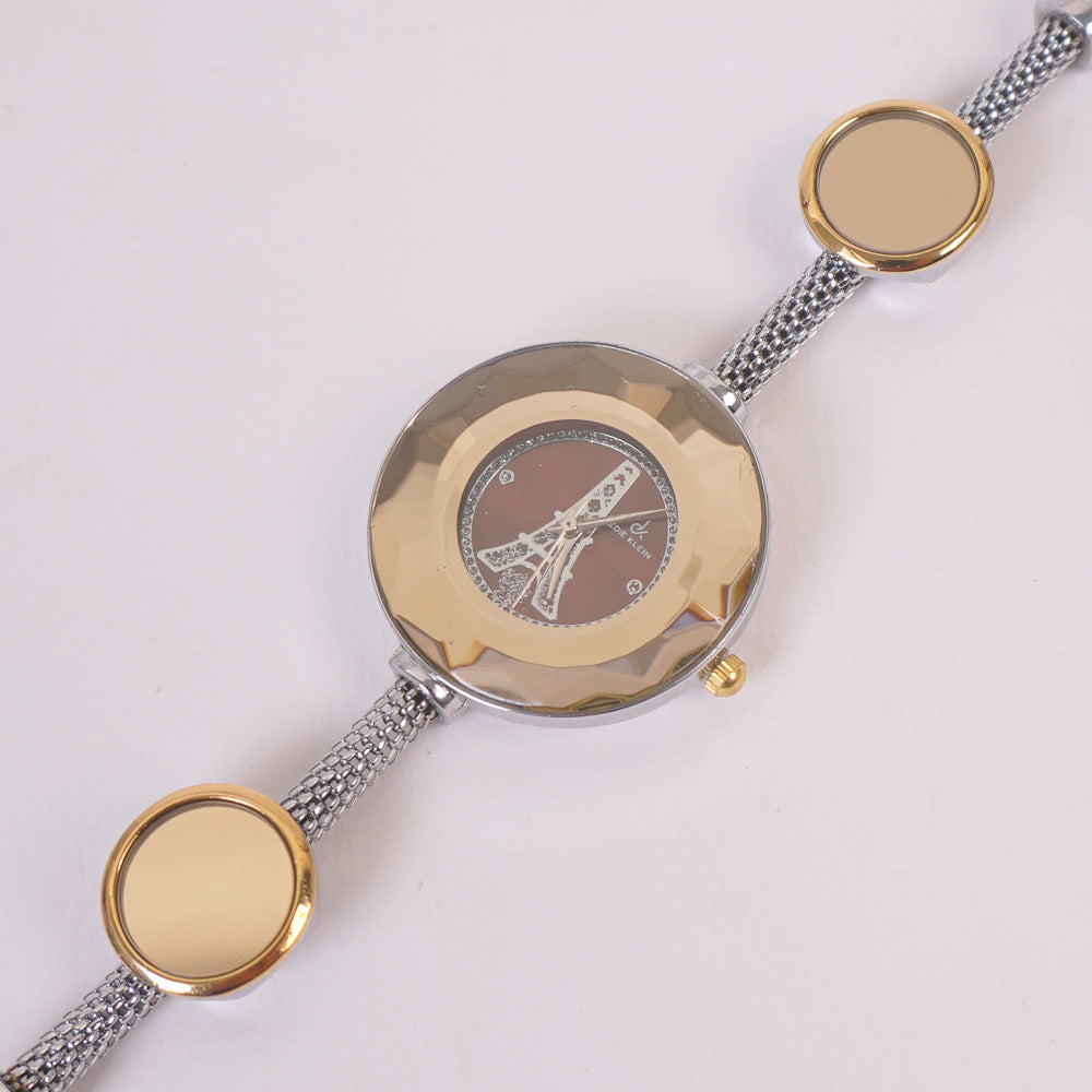 Women's Stylish Pipe Silver Chain Watch Golden Dial