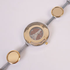 Women's Stylish Pipe Silver Chain Watch Golden Dial