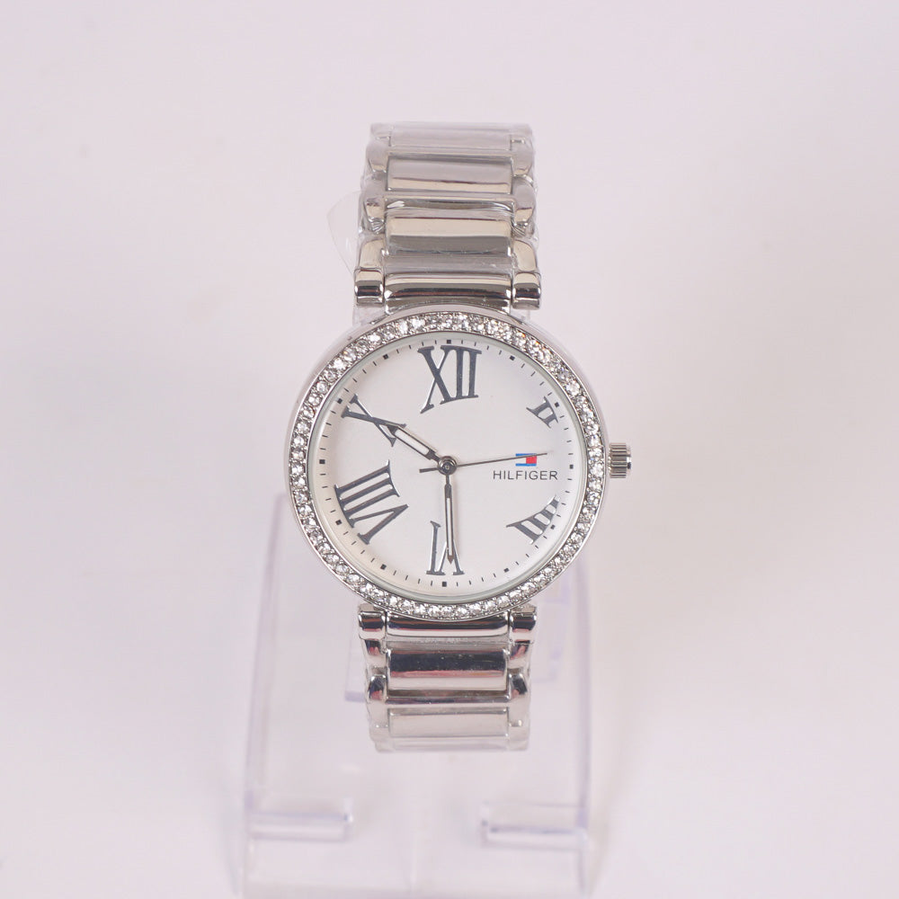 Women Stylish Chain Wrist Watch Silver White