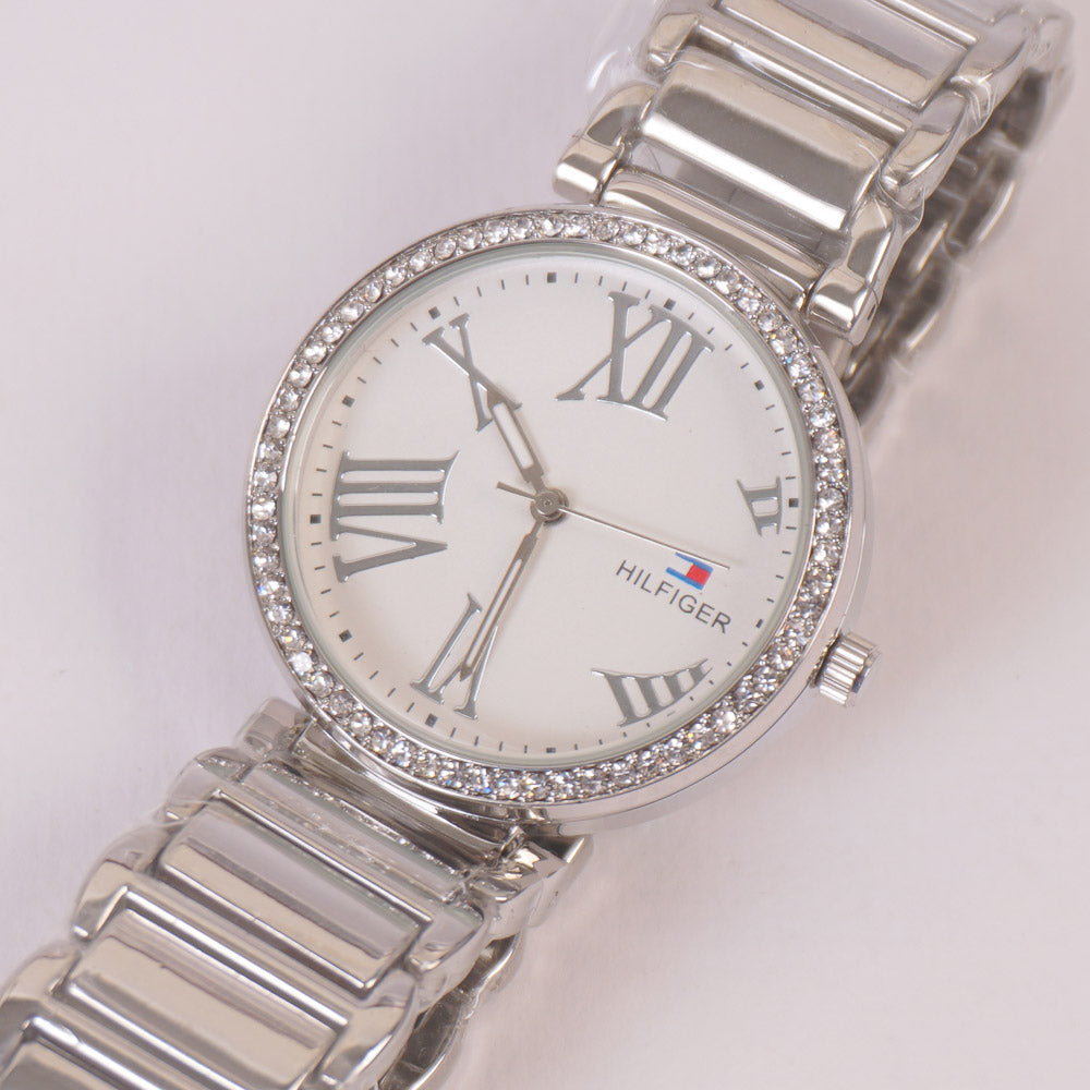 Women Stylish Chain Wrist Watch Silver White