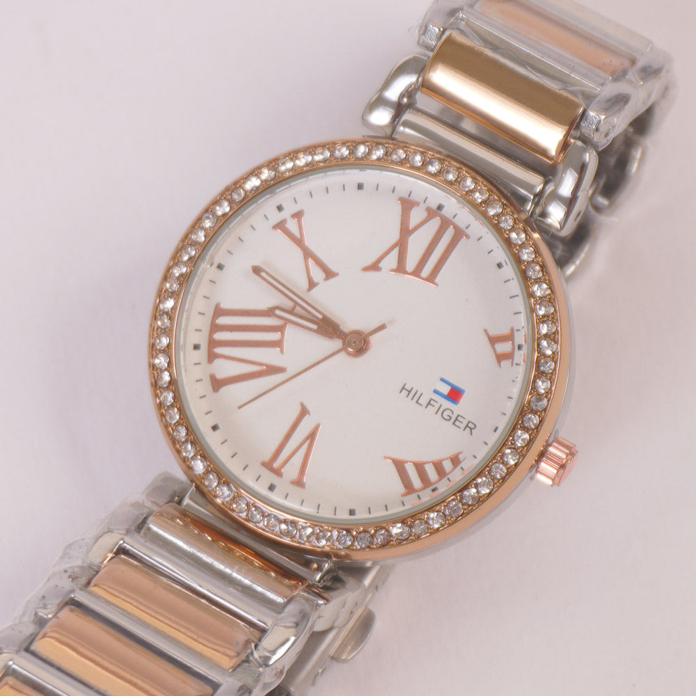 Two Tone Women Stylish Chain Wrist Watch Silver Rosegold