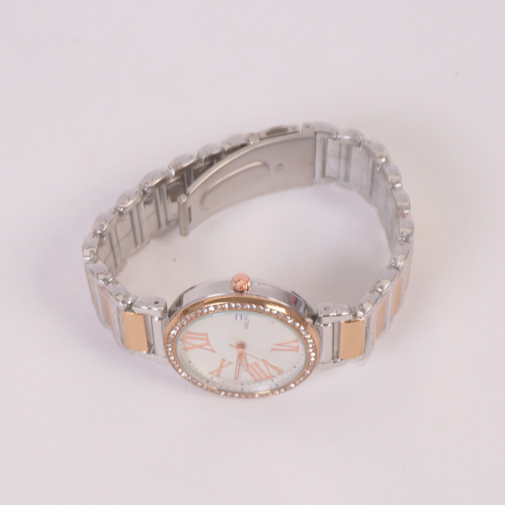 Two Tone Women Stylish Chain Wrist Watch Silver Rosegold