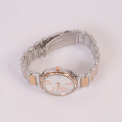 Two Tone Women Stylish Chain Wrist Watch Silver Rosegold