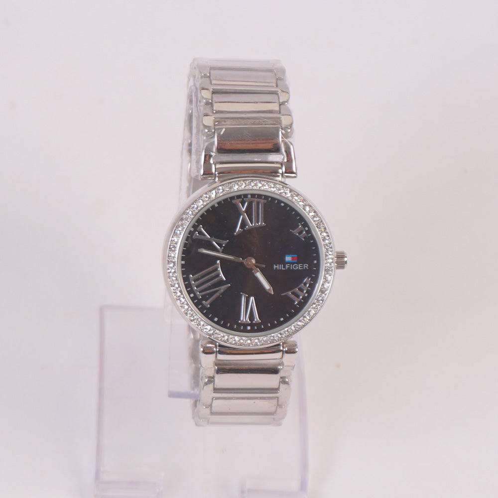 Women Stylish Chain Wrist Watch Silver Black