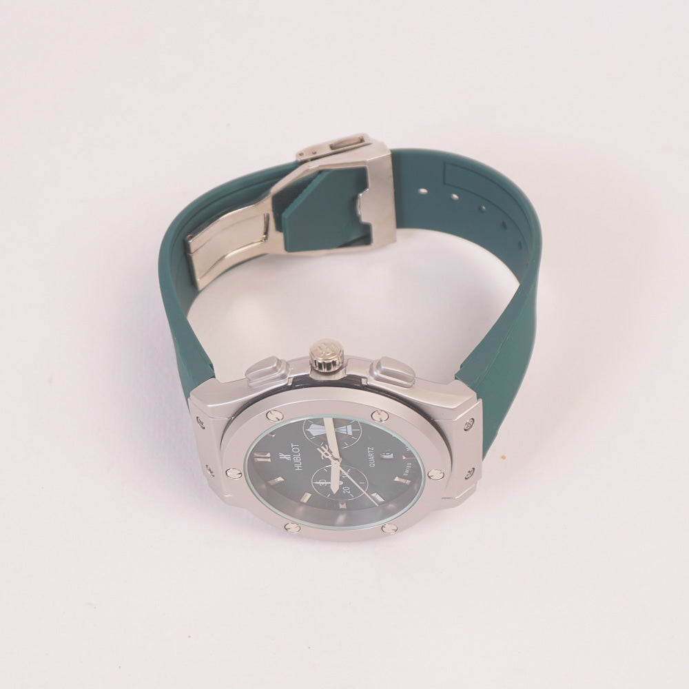 Green Strap Silver Dial Men's Wrist Watch