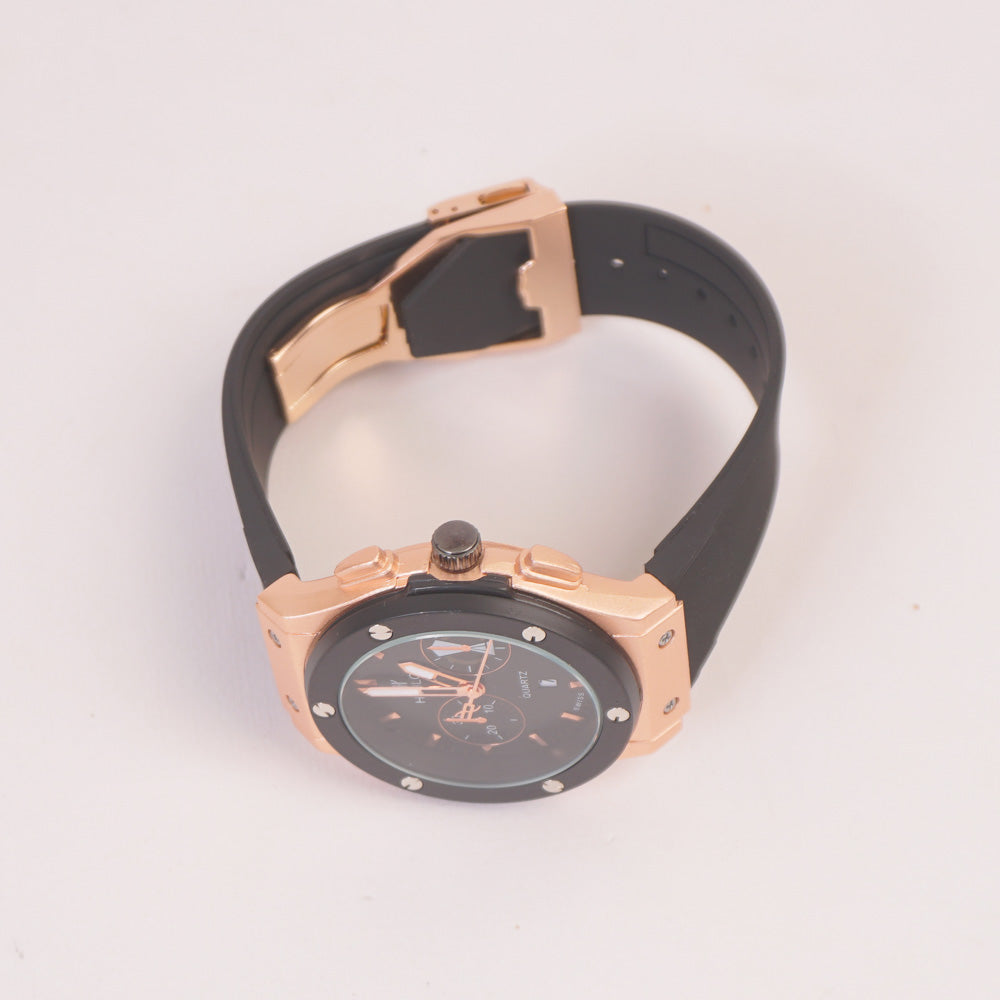 Black Strap Golden Dial Men's Wrist Watch