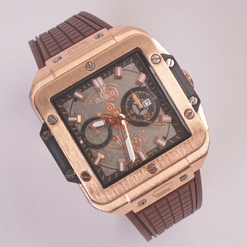 Brown Strap Rosegold Dial Men's Wrist Watch HB