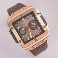 Brown Strap Rosegold Dial Men's Wrist Watch HB