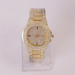 Women Stone Design Chain Wrist Watch Golden