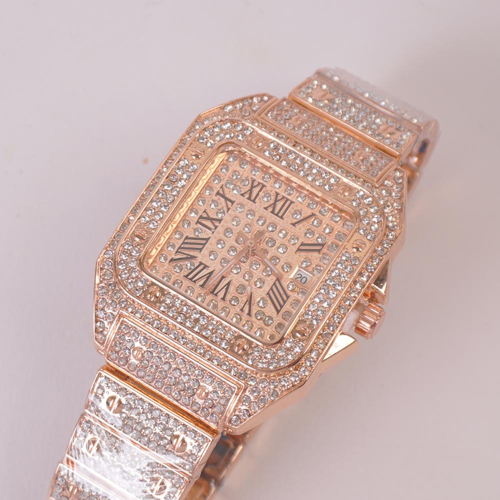 Women Stone Design Chain Wrist Watch Rosegold