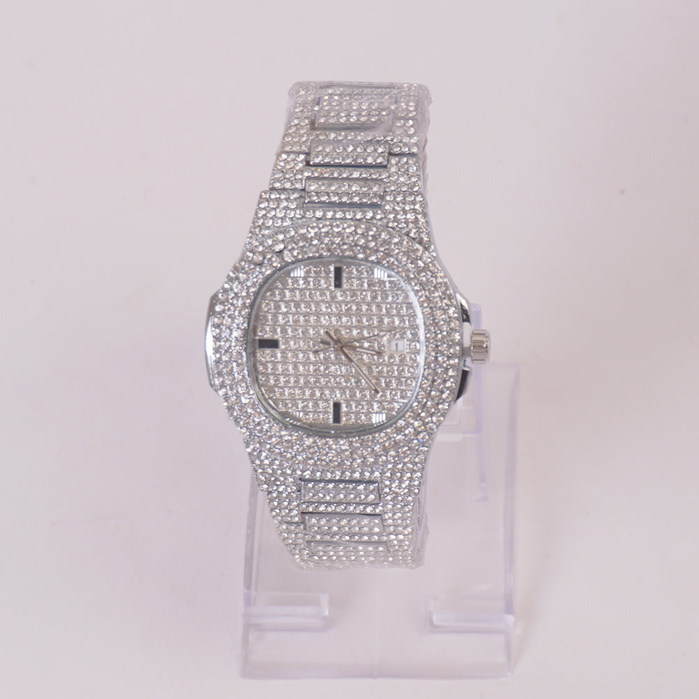 Women Stone Design Chain Wrist Watch Silver