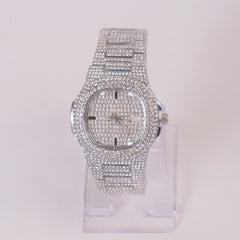 Women Stone Design Chain Wrist Watch Silver