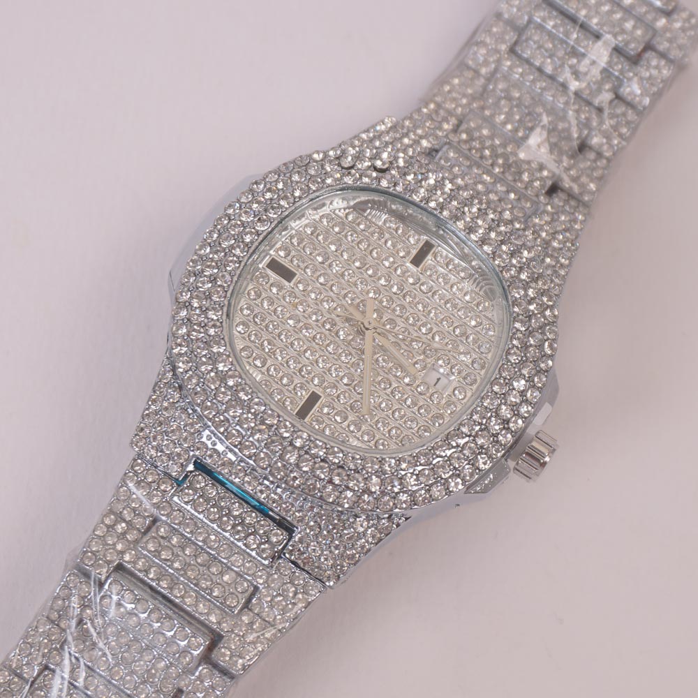 Women Stone Design Chain Wrist Watch Silver