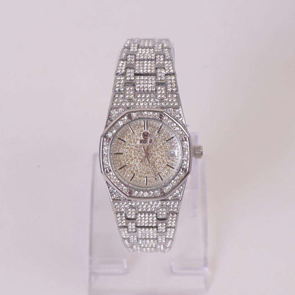 Women Stone Design Chain Wrist Watch Silver