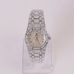 Women Stone Design Chain Wrist Watch Silver