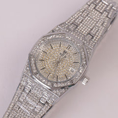 Women Stone Design Chain Wrist Watch Silver