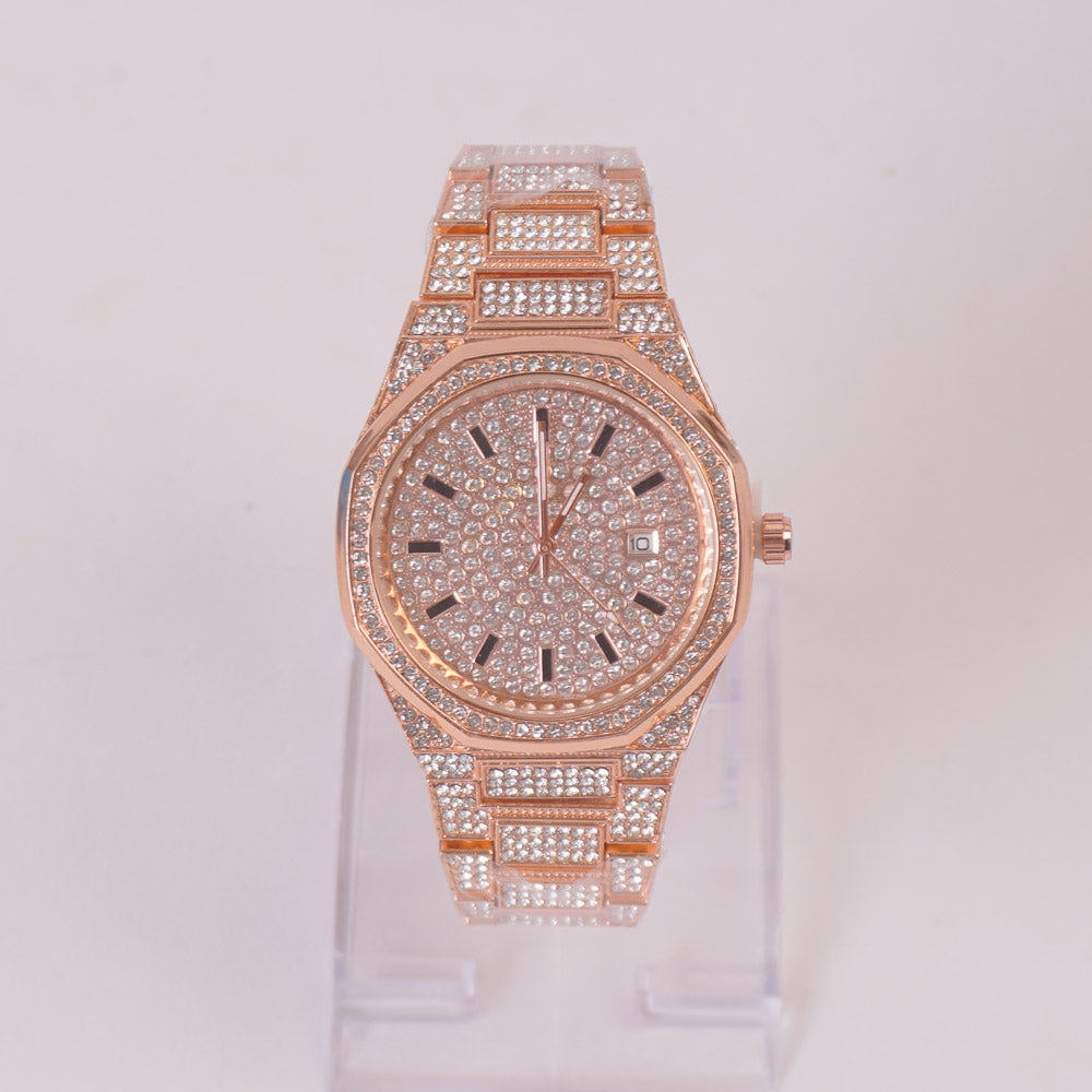 Women Stone Design Chain Wrist Watch Rosegold