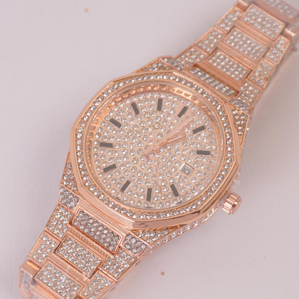 Women Stone Design Chain Wrist Watch Rosegold