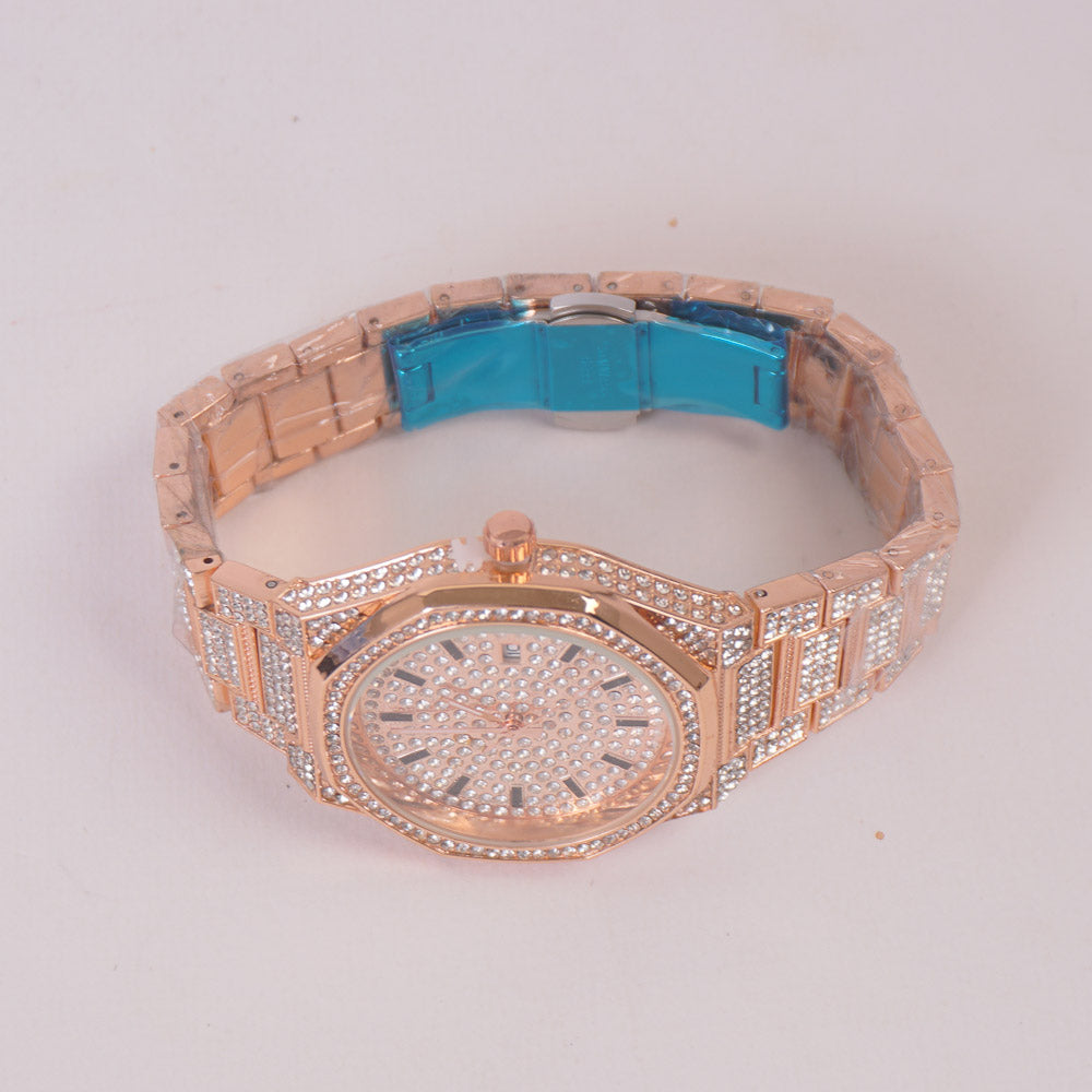 Women Stone Design Chain Wrist Watch Rosegold