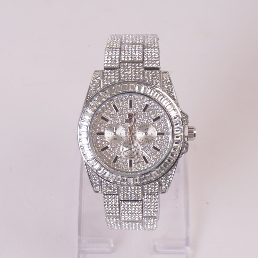 Women Stone Design Chain Wrist Watch Silver