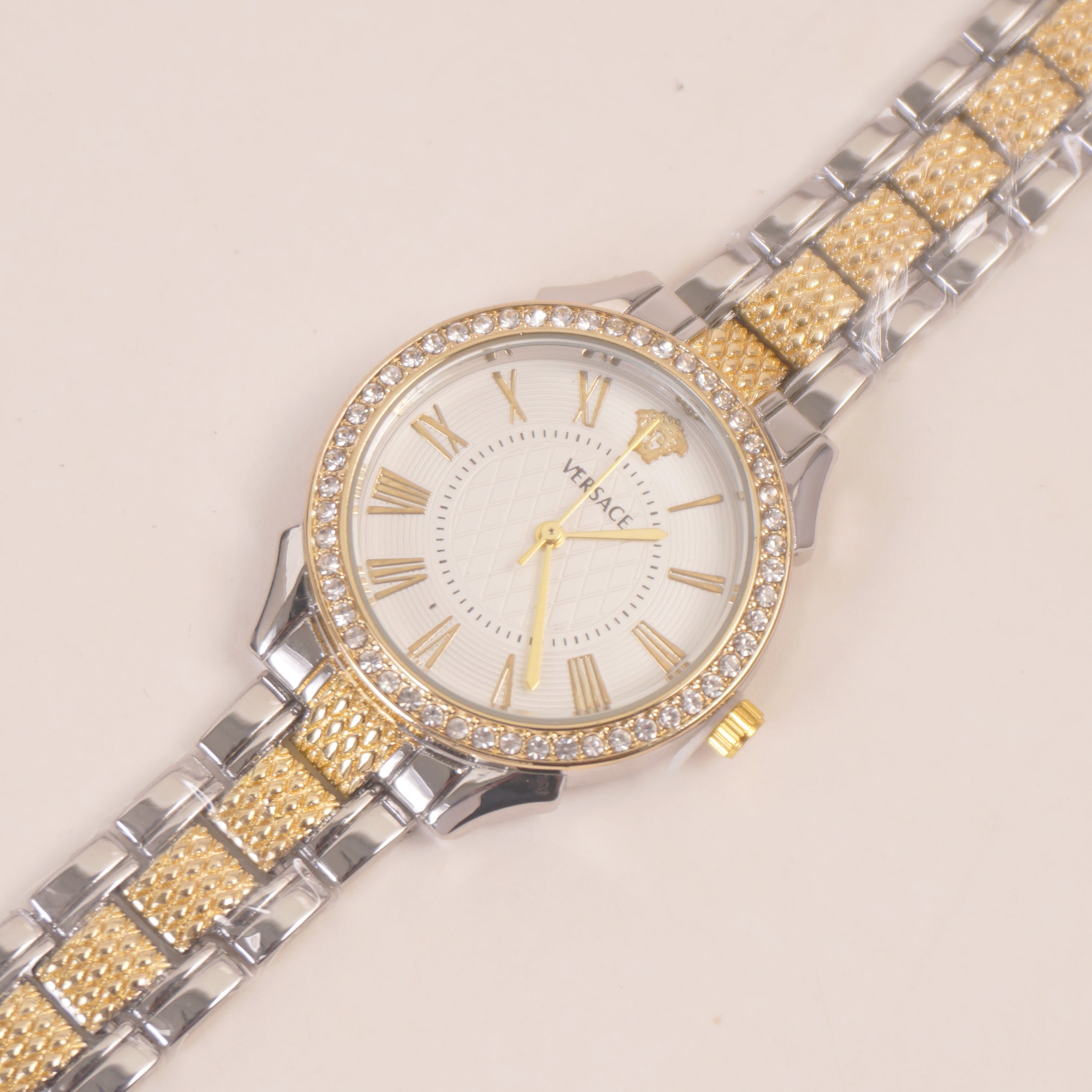 Two Tone Women Stone Design Chain Wrist Watch Golden